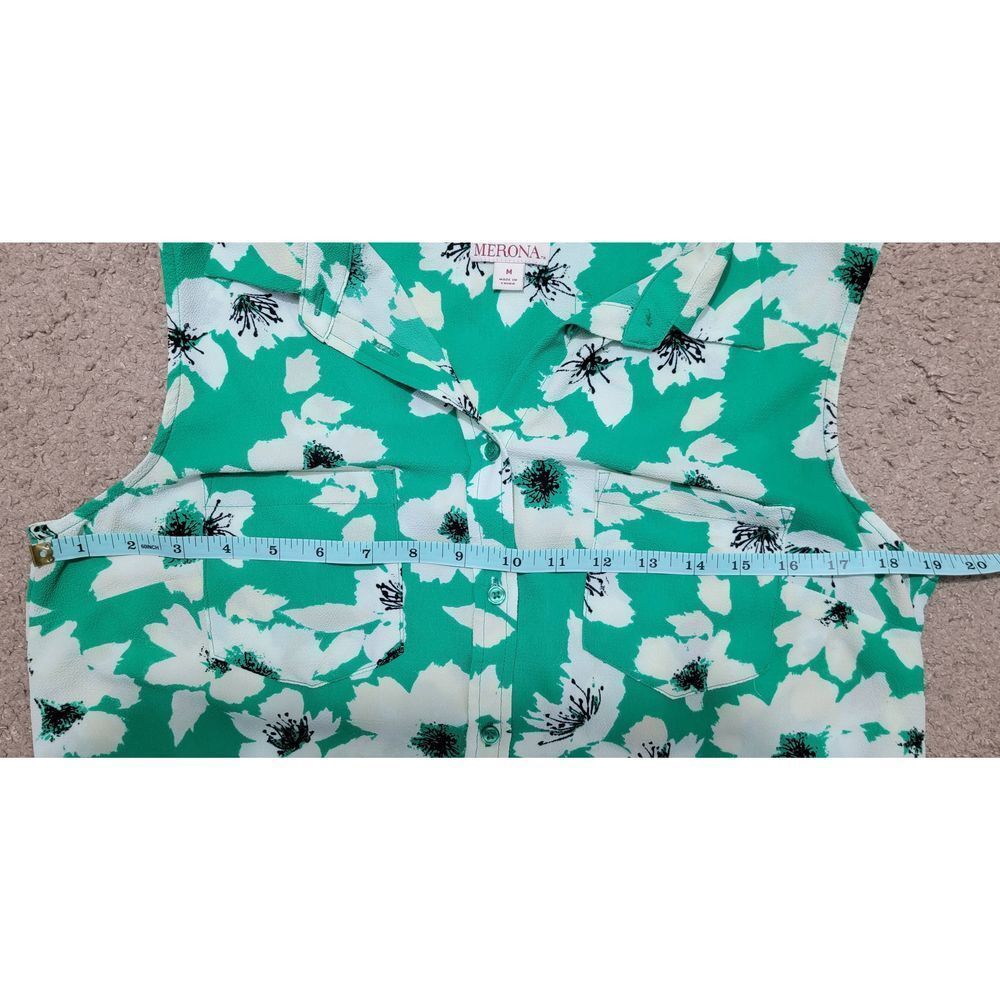 Merona Shirt Top Blouse Women's Medium Button Down Floral Tank Green and Cream - Picture 8 of 9